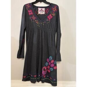 Johnny Was Dress Embroidered Floral Babydoll Long Sleeve Peacock Medium